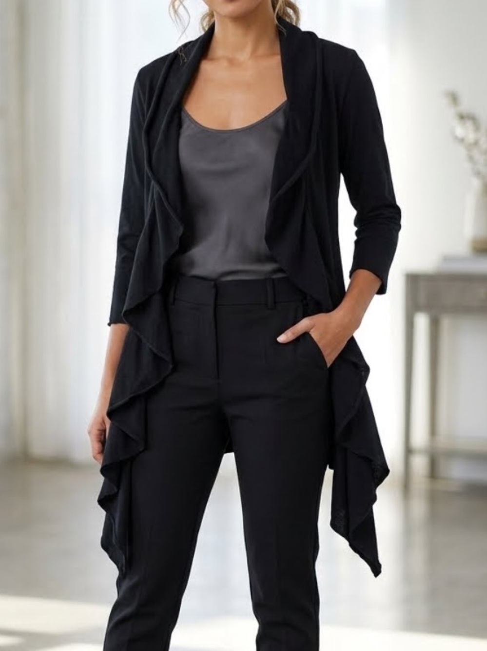 LINE THE LABEL Black Cotton Open Ruffle Cardigan Sweater Small